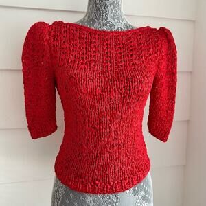 Vintage Cherry Red Crochet Knit Short Sleeve Blouse by Beaujon Paris
